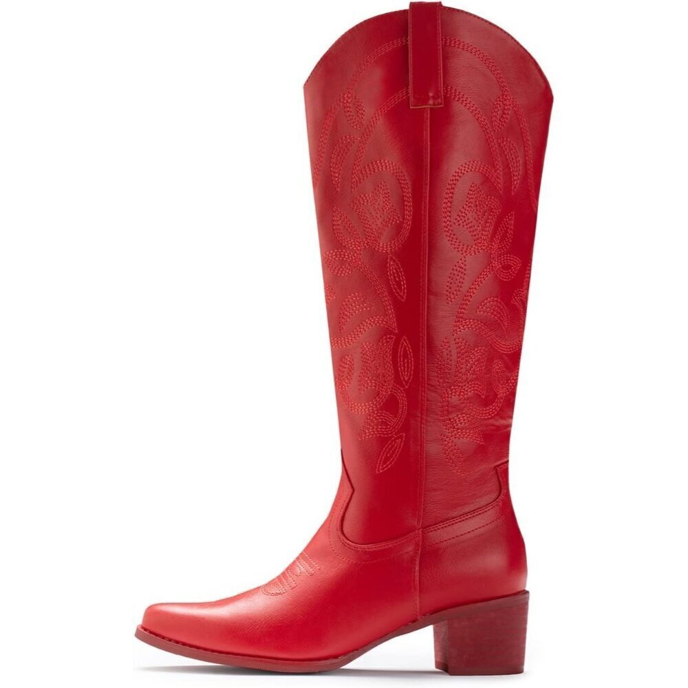 Women's Red 1 Pointy Toe Faux Leather Western Cowgirl Mid Calf Boots - Picture 4 of 6